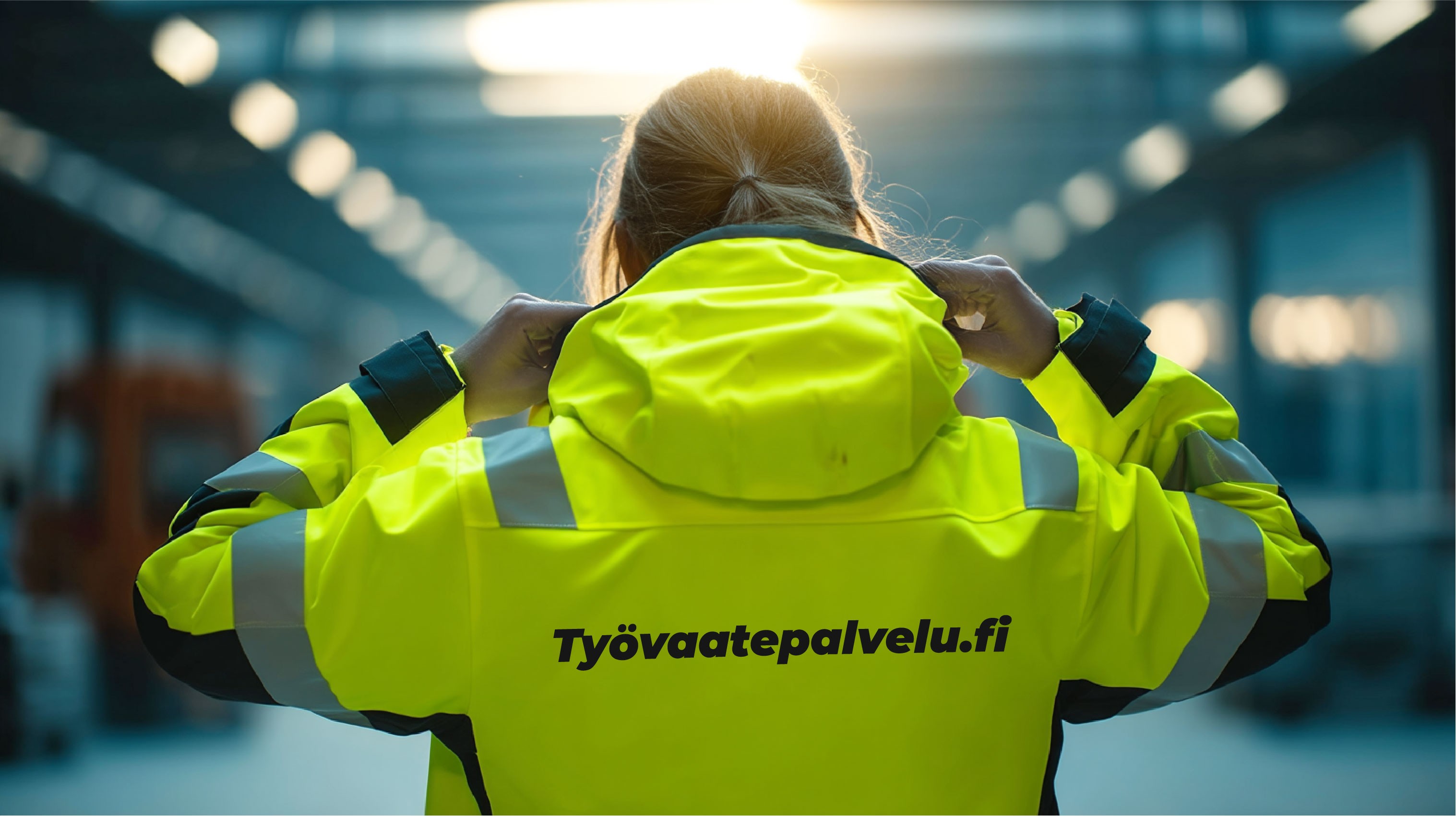 Selästä kuvattu nainen pukee keltaista high-vis takkia päälleen.